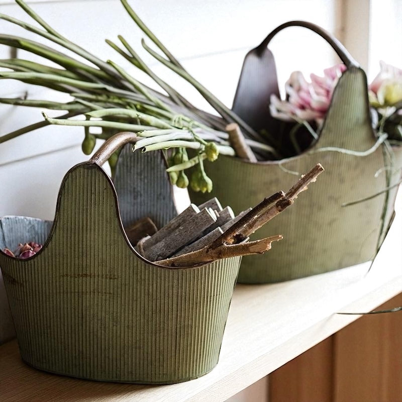 Classic Iron Carry Pot or Flower Bucket - Distressed Green