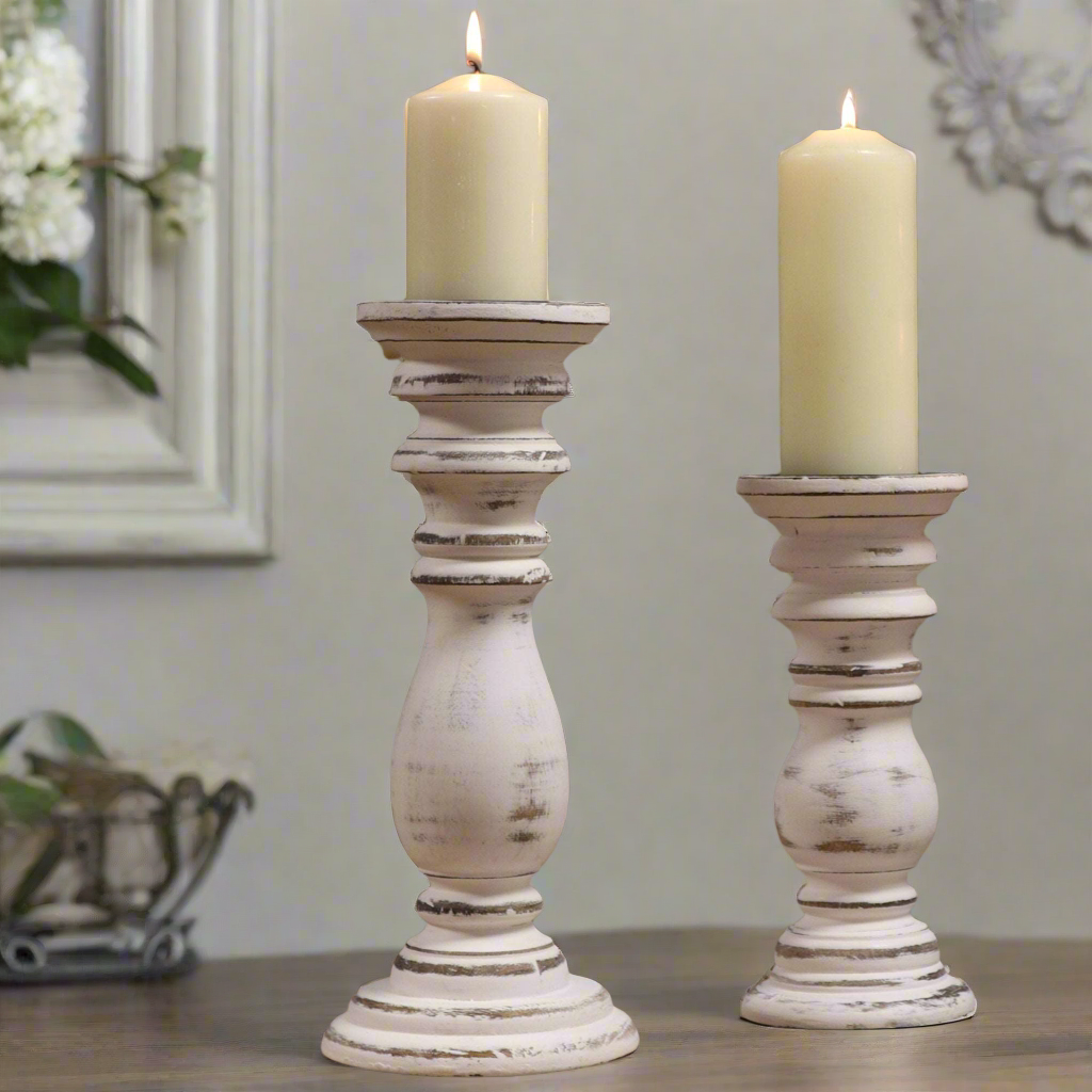 Classic White Turned Wood Candle Holders - Distressed