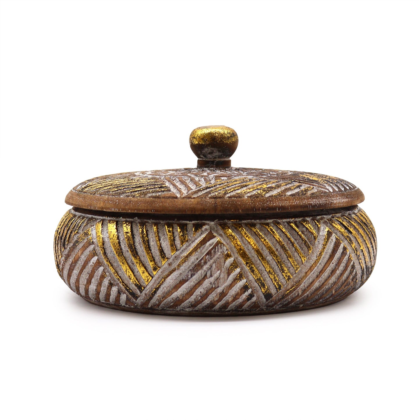 Handcrafted Round Wooden Trinket Box - Natural Wood Finish with Gold Accents