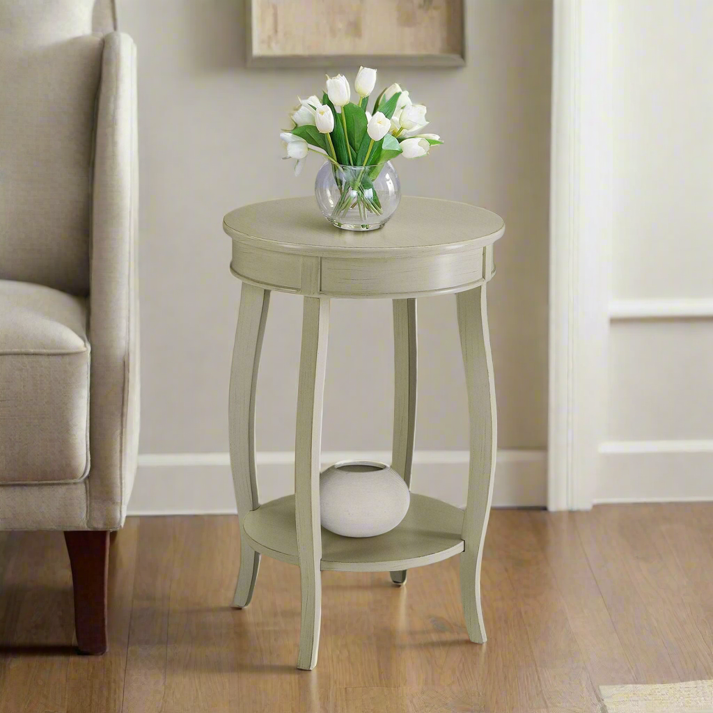 Classical Antique White Round Side Table with Bottom Shelf