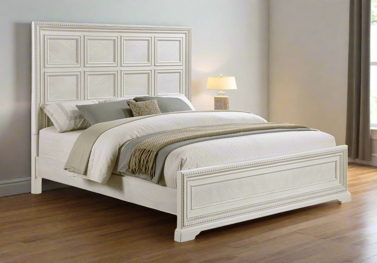 Solid Wood Panel Bed in Antique White - King