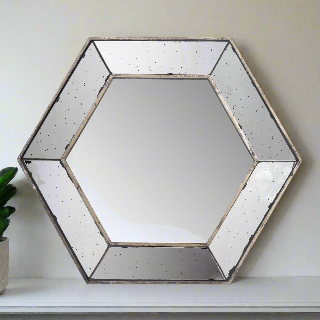 Hexagon Wall Mirror - Antique Silver Finish