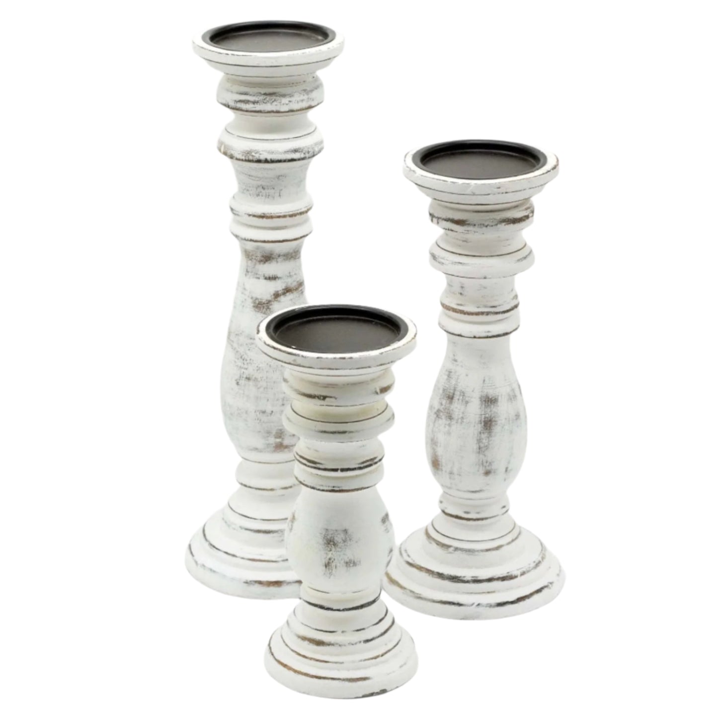 Classic White Turned Wood Candle Holders - Distressed