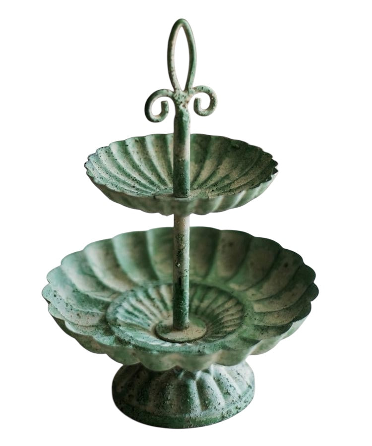 Small Vintage Iron Two Tier Decorative Tray - Green