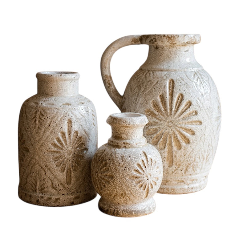 Handmade Textured Ceramic Vase - Floral Design