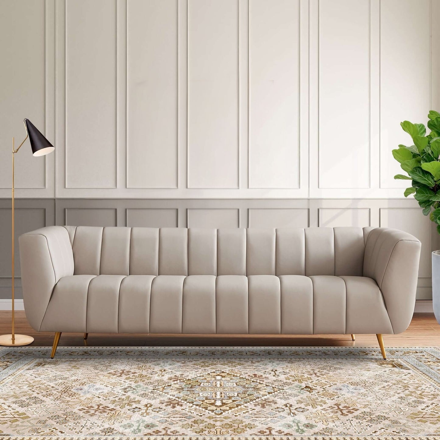 LaMattina Genuine Italian Grey Leather Channel Tufted Sofa