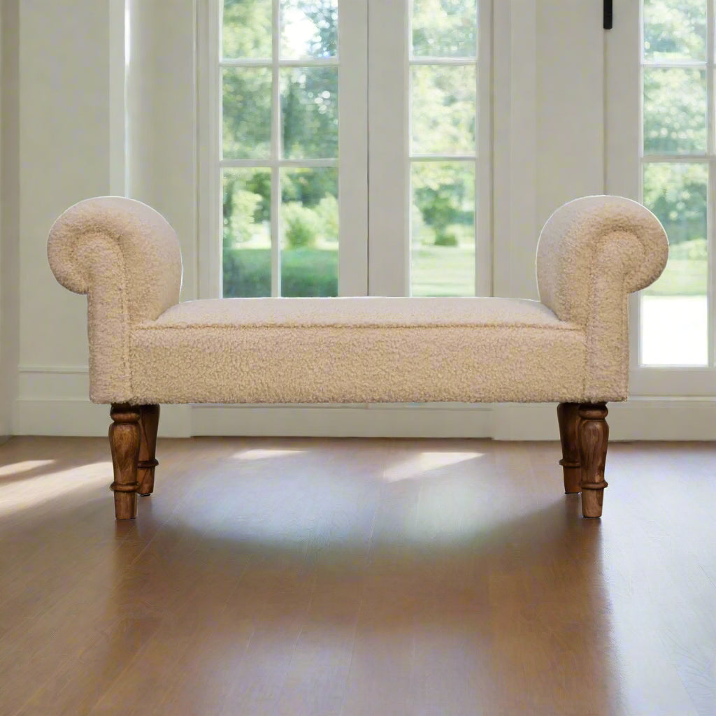 Cream Boucle Bench - Turned Wooden Legs