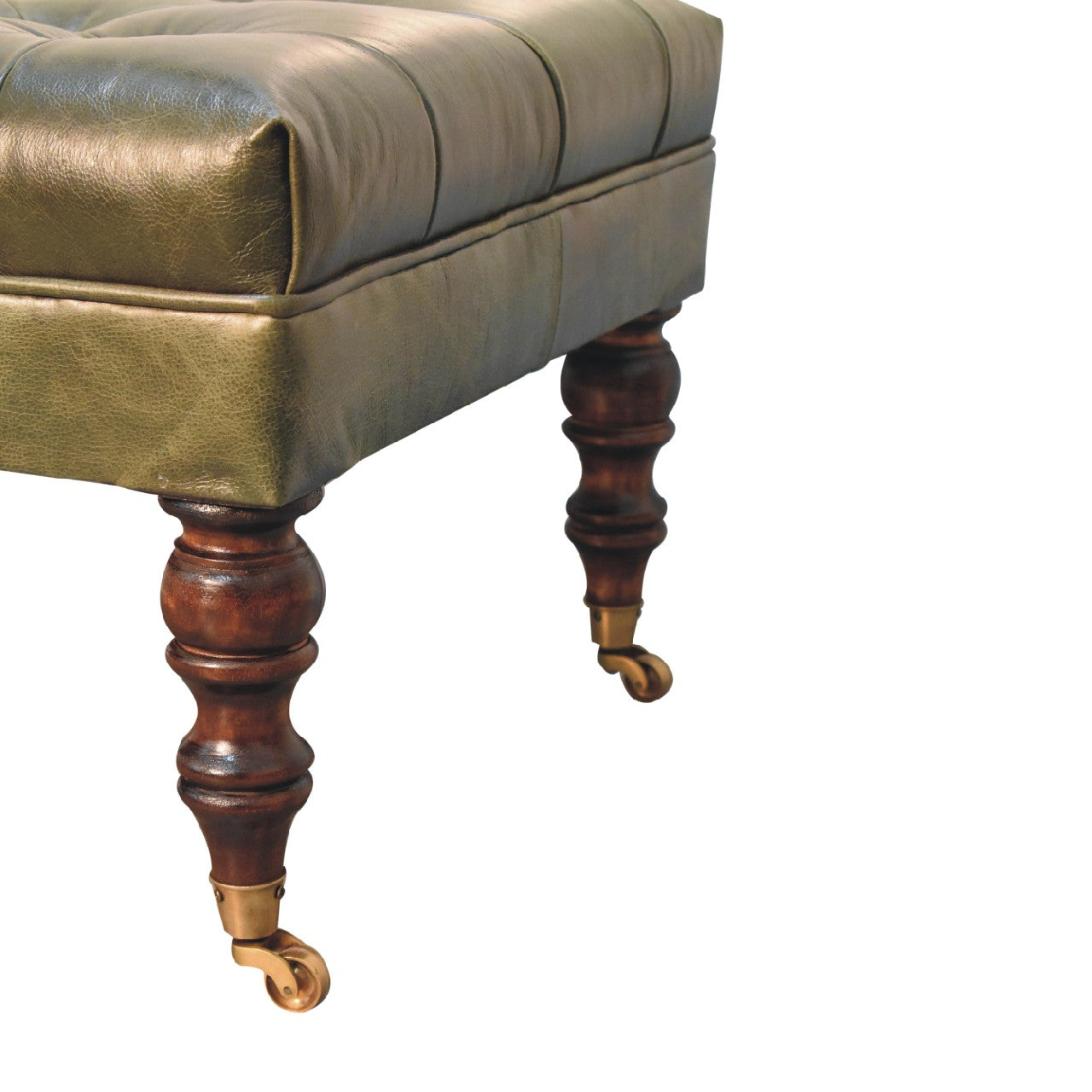 Genuine Leather Ottoman with Castor Legs - Green