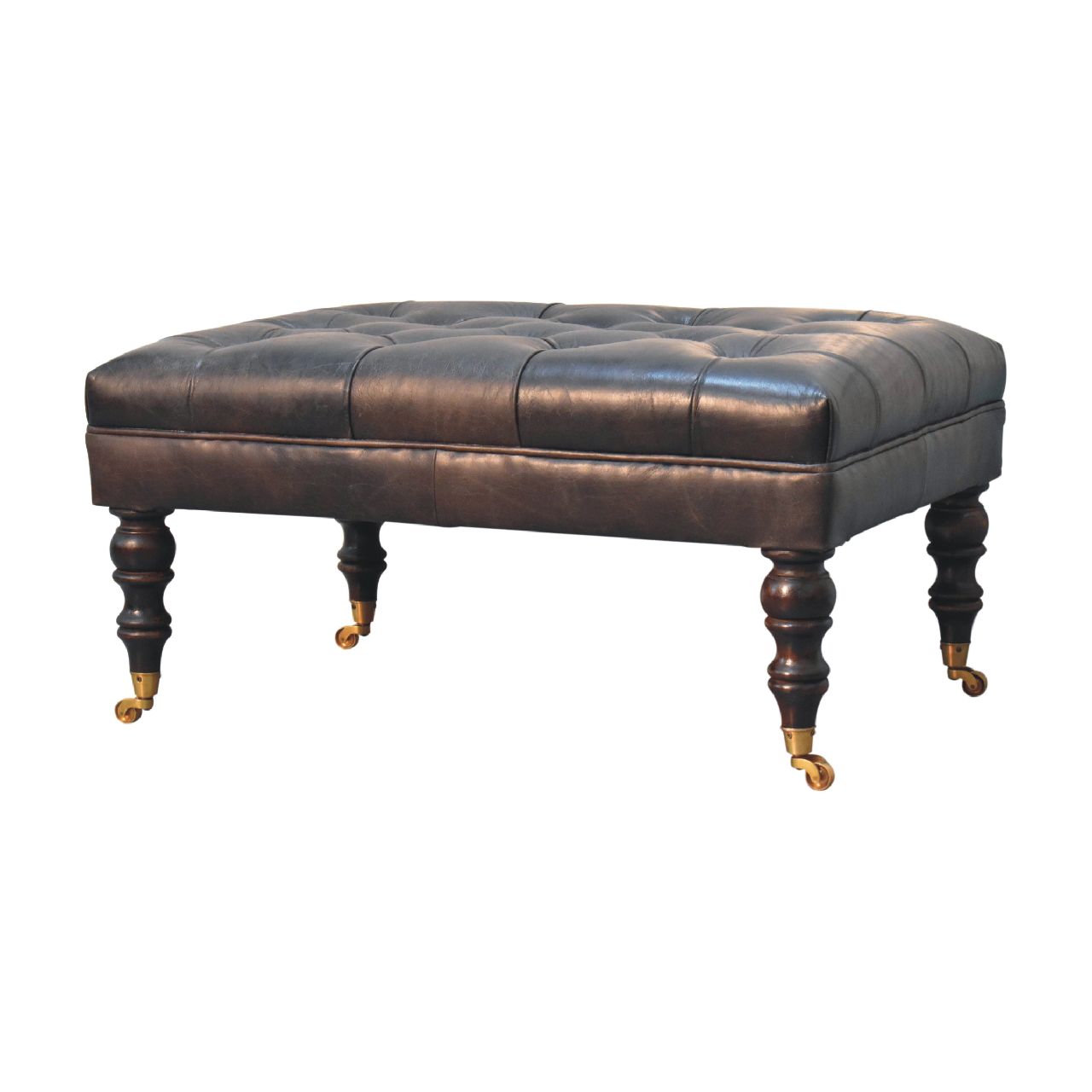 Genuine Leather Ottoman with Castor Legs - Espresso