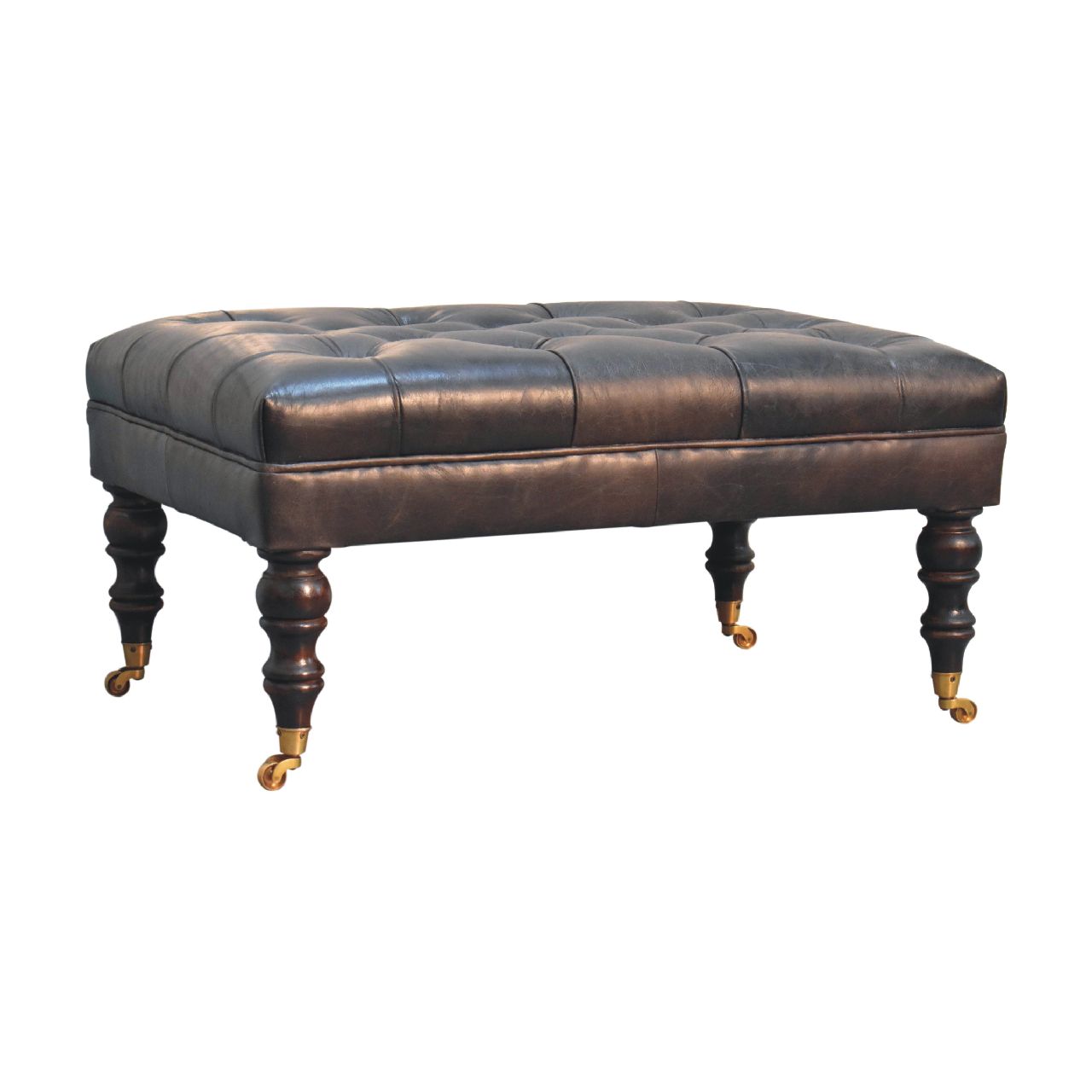 Genuine Leather Ottoman with Castor Legs - Espresso