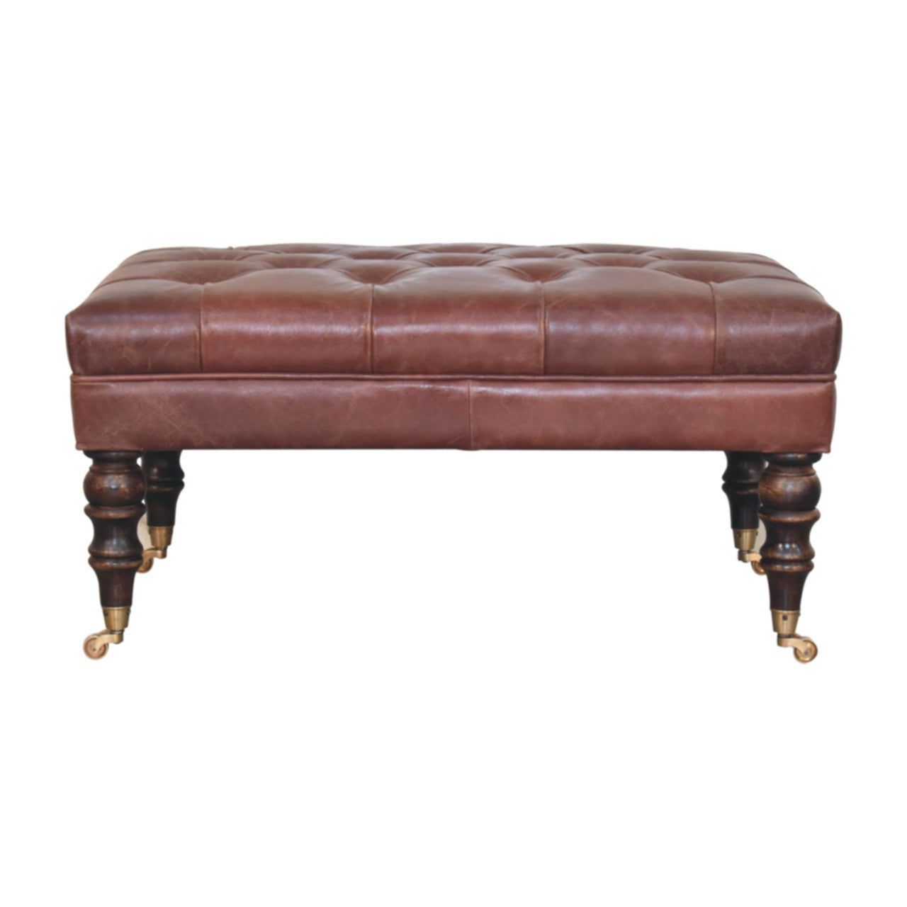 Genuine Leather Ottoman with Castor Legs - Brown