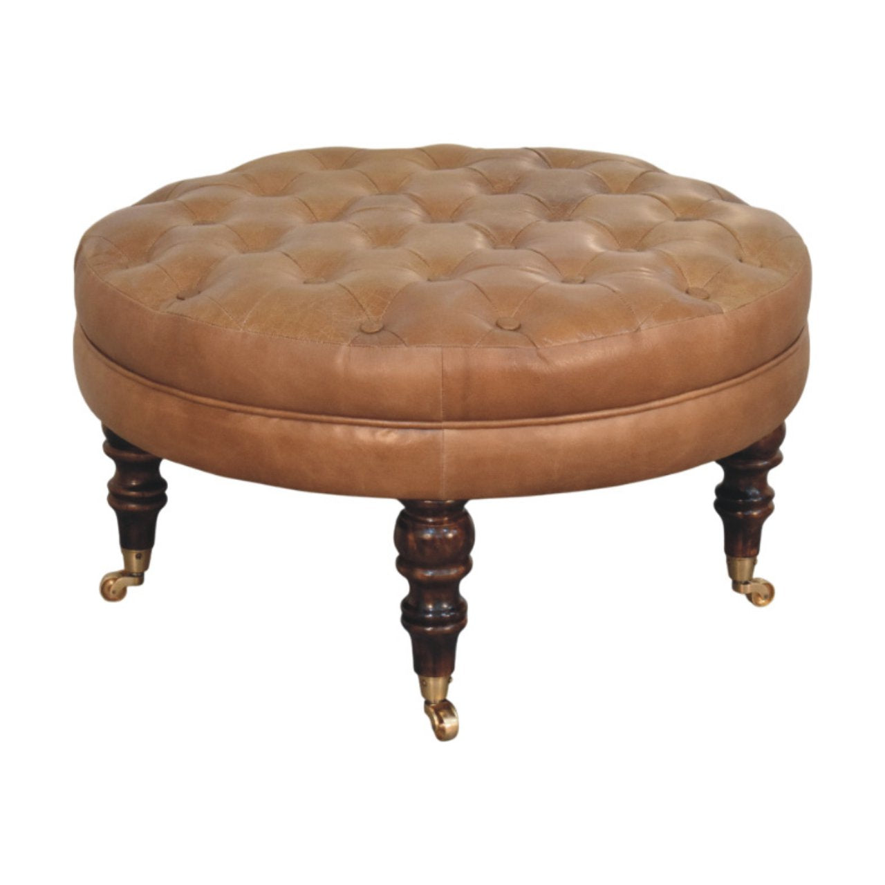 Round Genuine Leather Ottoman with Castor Legs - Tan