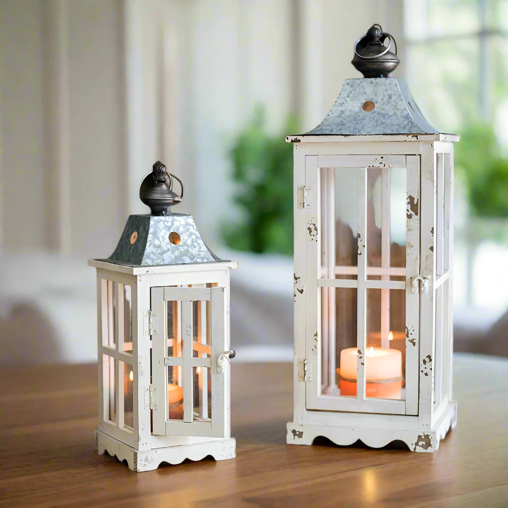 Lantern Candle Holder in Weathered White
