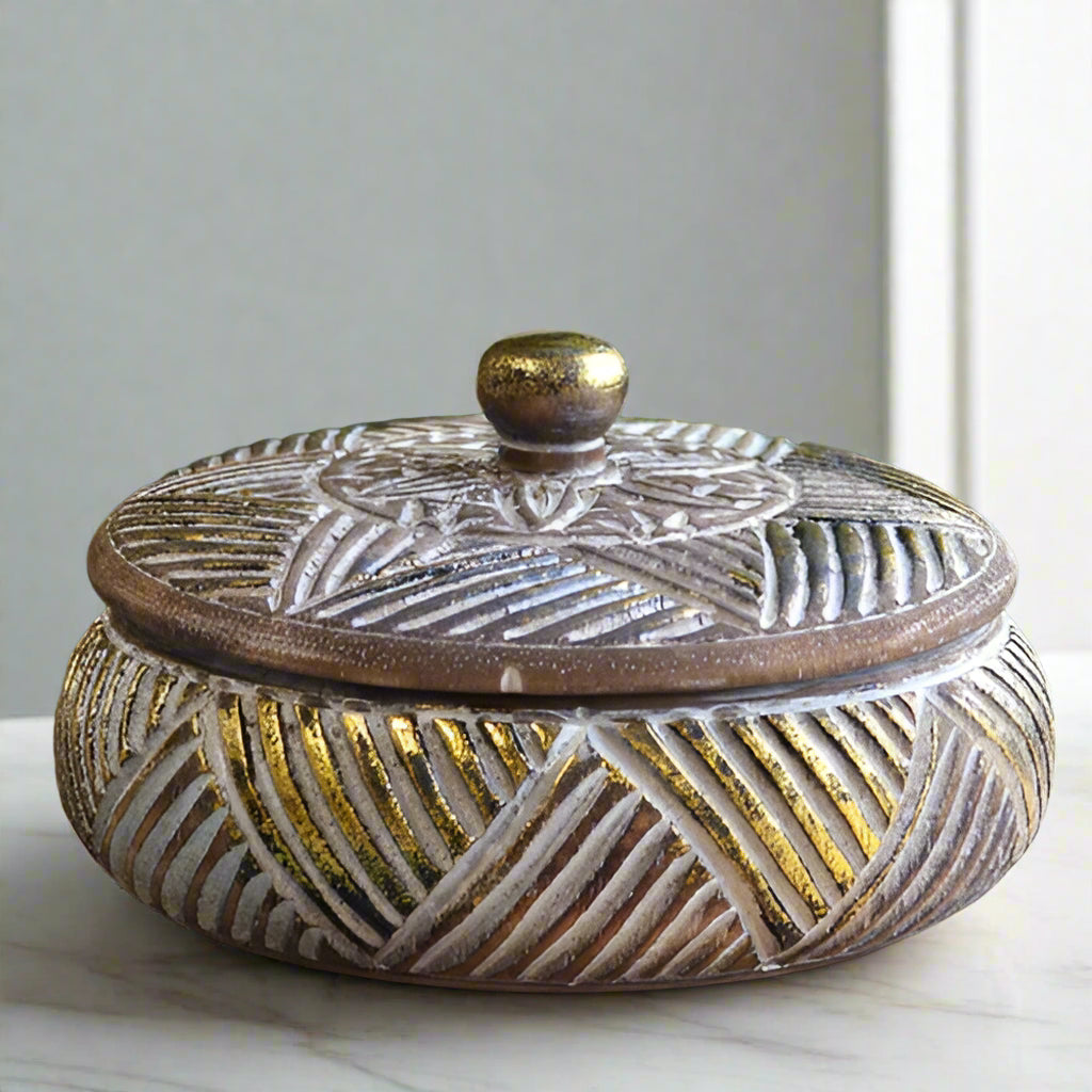 Handcrafted Round Wooden Trinket Box - Natural Wood Finish with Gold Accents