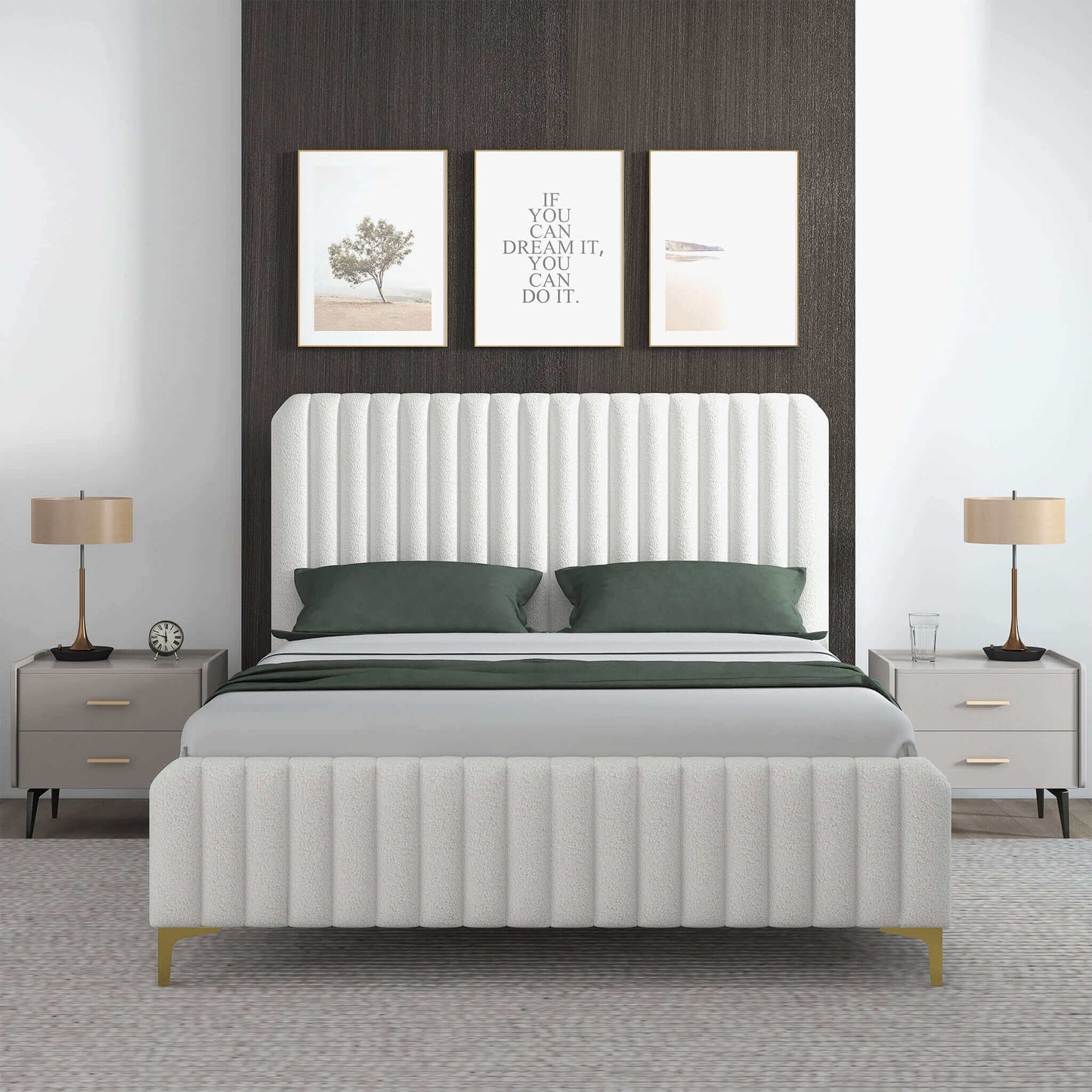 Valery Cream Boucle Platform Bed - Queen Size