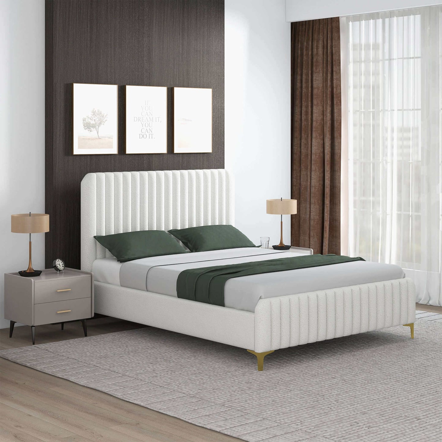 Valery Cream Boucle Platform Bed - Queen Size