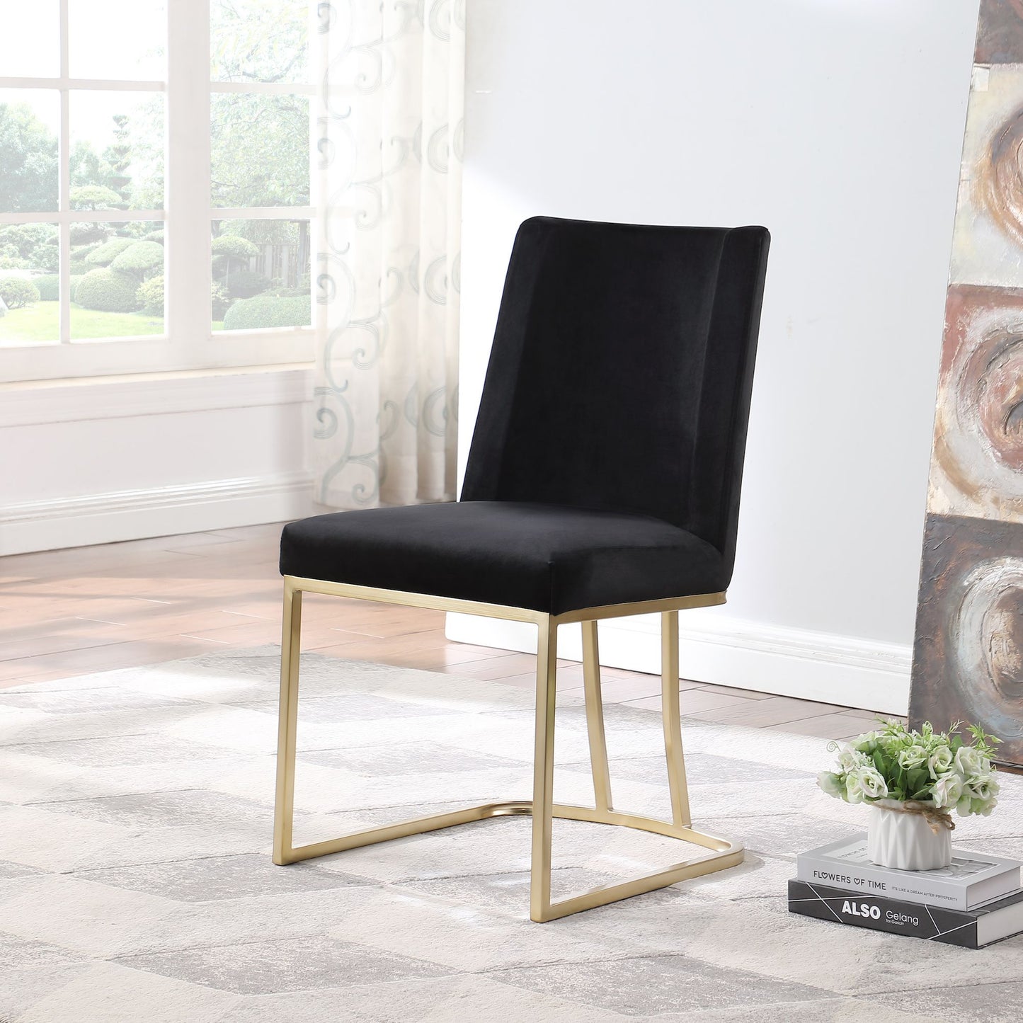 Velvet Upholstered Dining Chairs, Gold Metal Legs (Set of 2) - Black