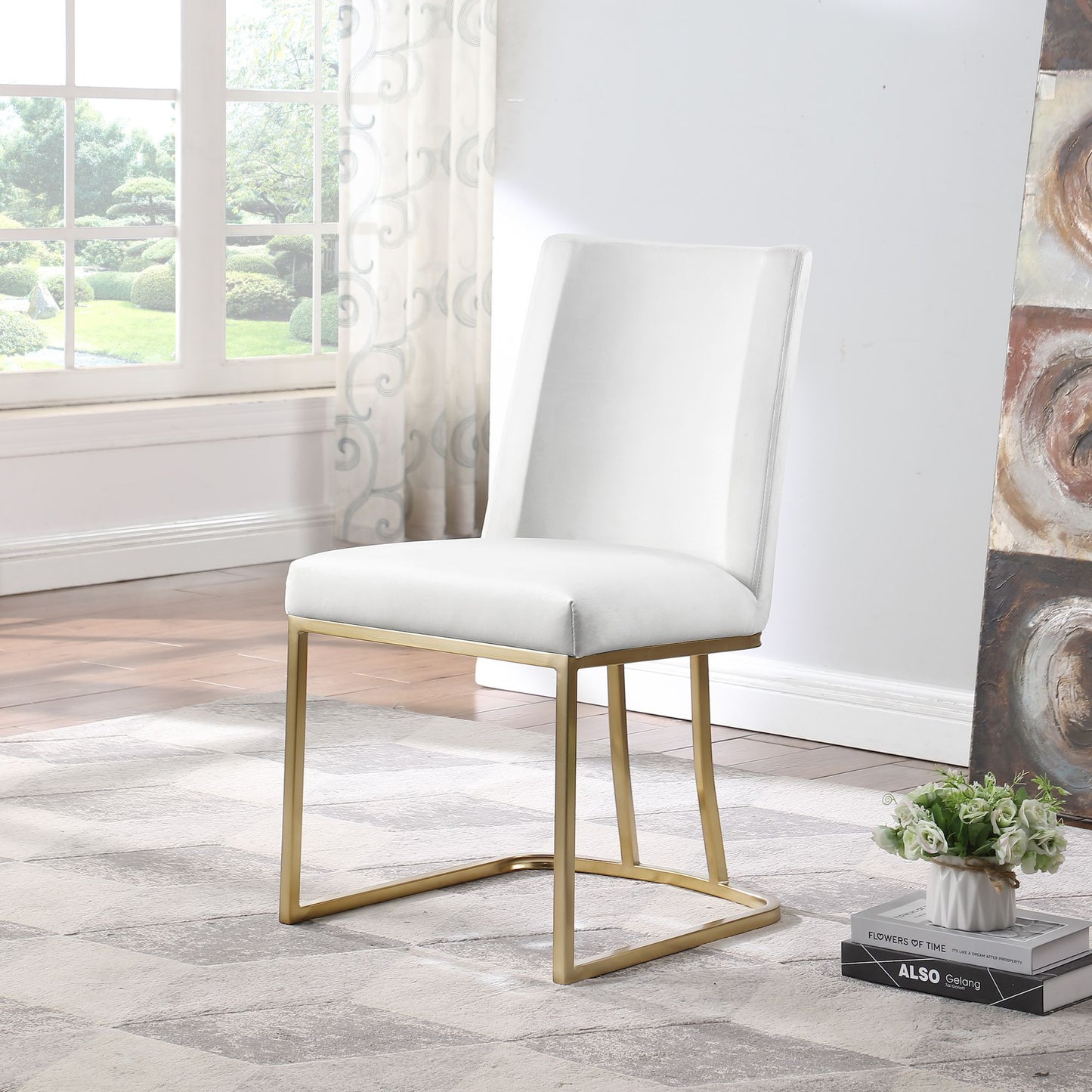Velvet Upholstered Dining Chairs, Gold Metal Legs (Set of 2) - White