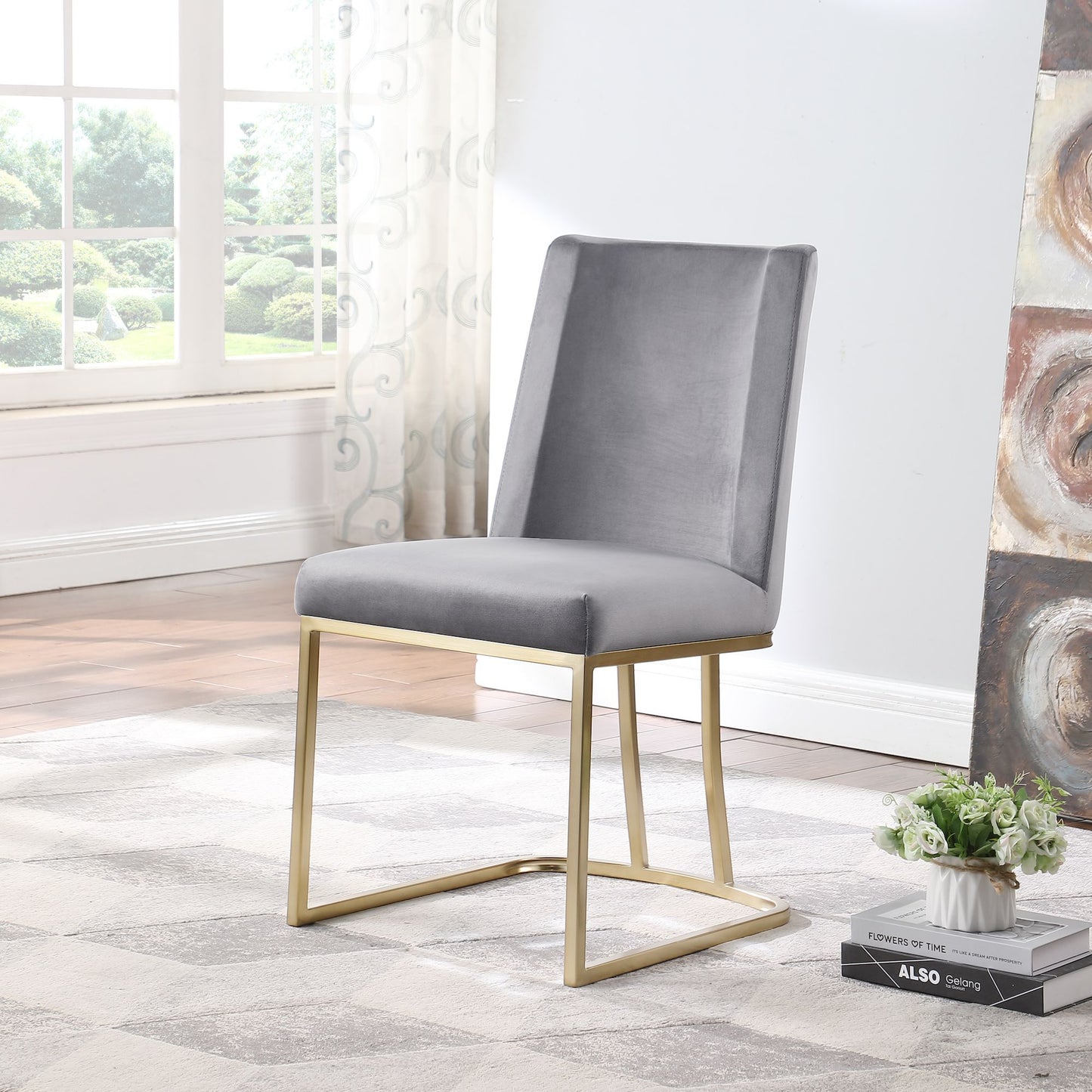 Velvet Upholstered Dining Chairs, Gold Metal Legs (Set of 2) - Gray