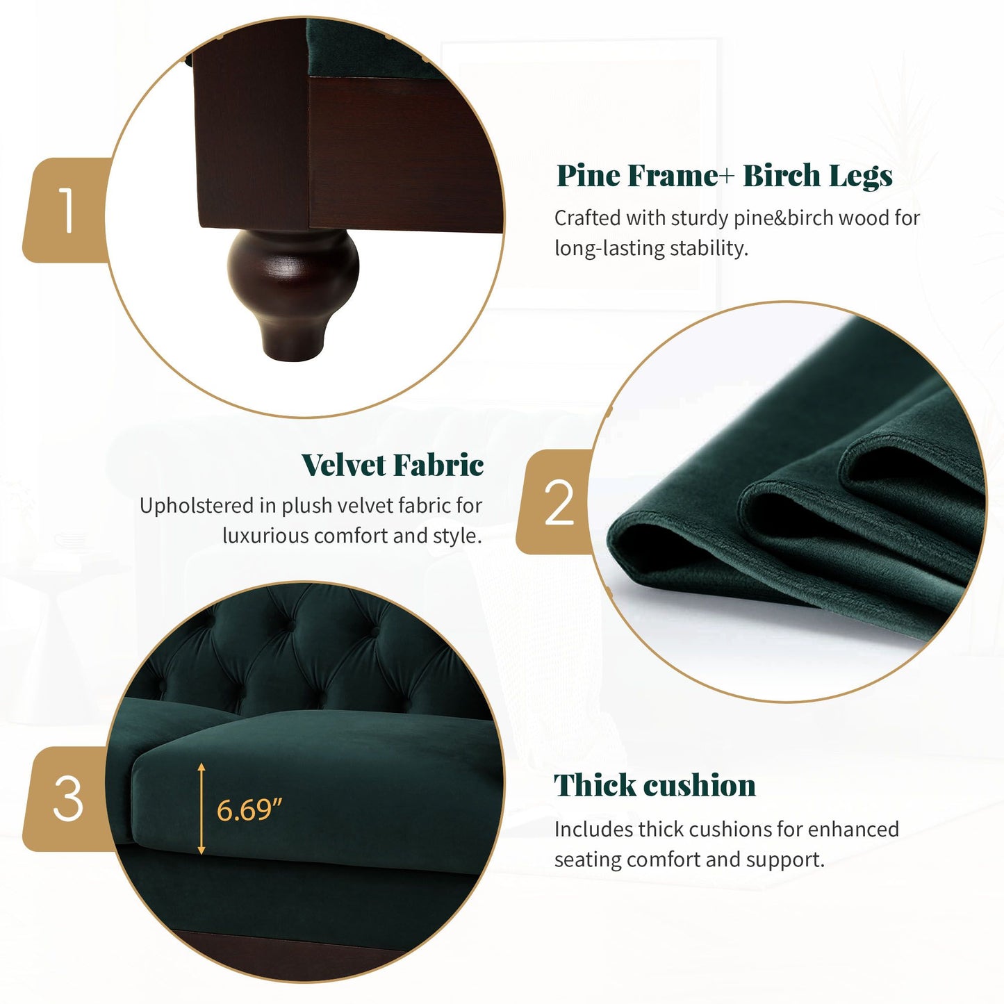 Chesterfield Tufted Velvet Loveseat 2-Seater Sofa - Forest Green