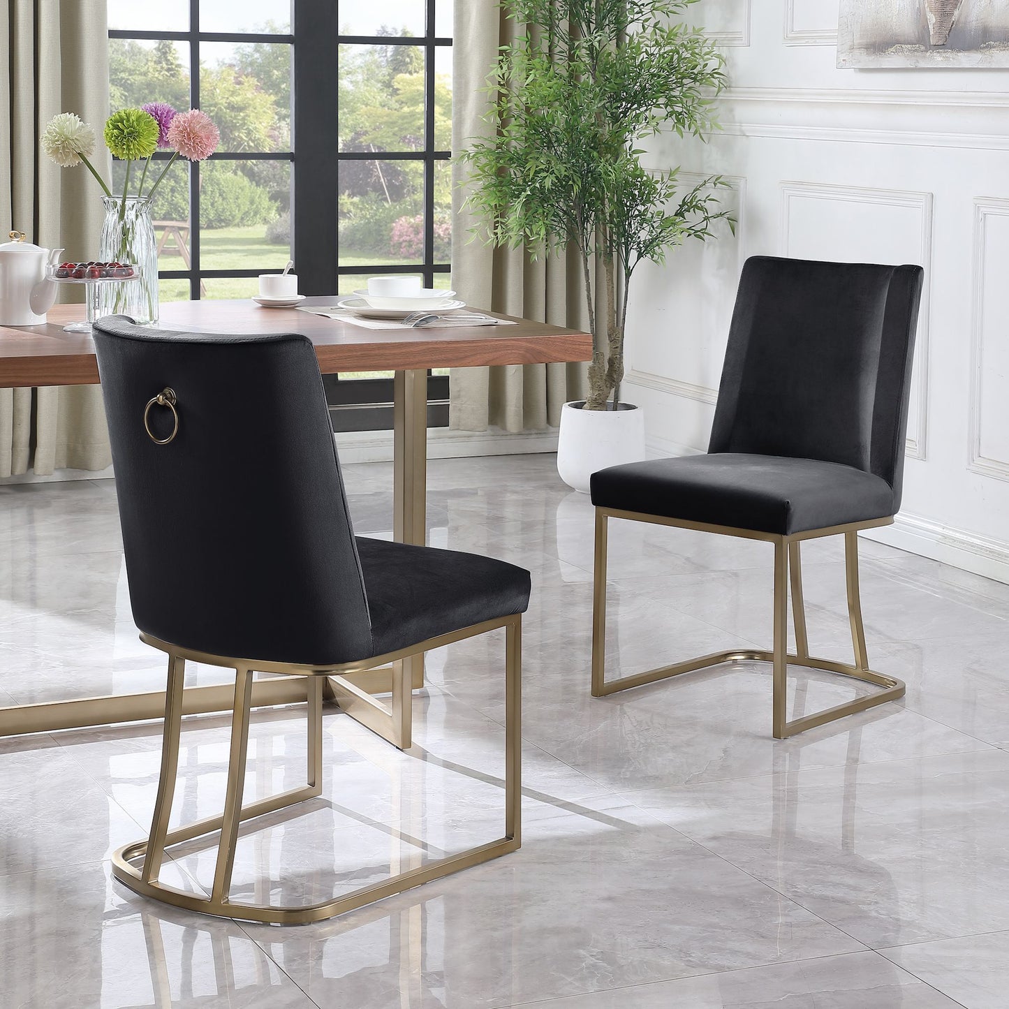 Velvet Upholstered Dining Chairs, Gold Metal Legs (Set of 2) - Black