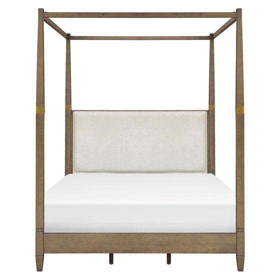 Canopy Queen Size Bed - Solid Wood with Decorative Brass Finish Accents