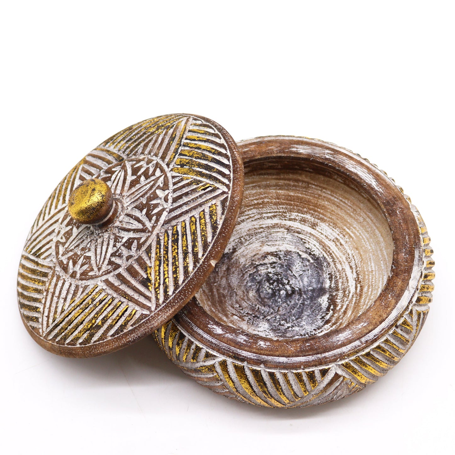 Handcrafted Round Wooden Trinket Box - Natural Wood Finish with Gold Accents