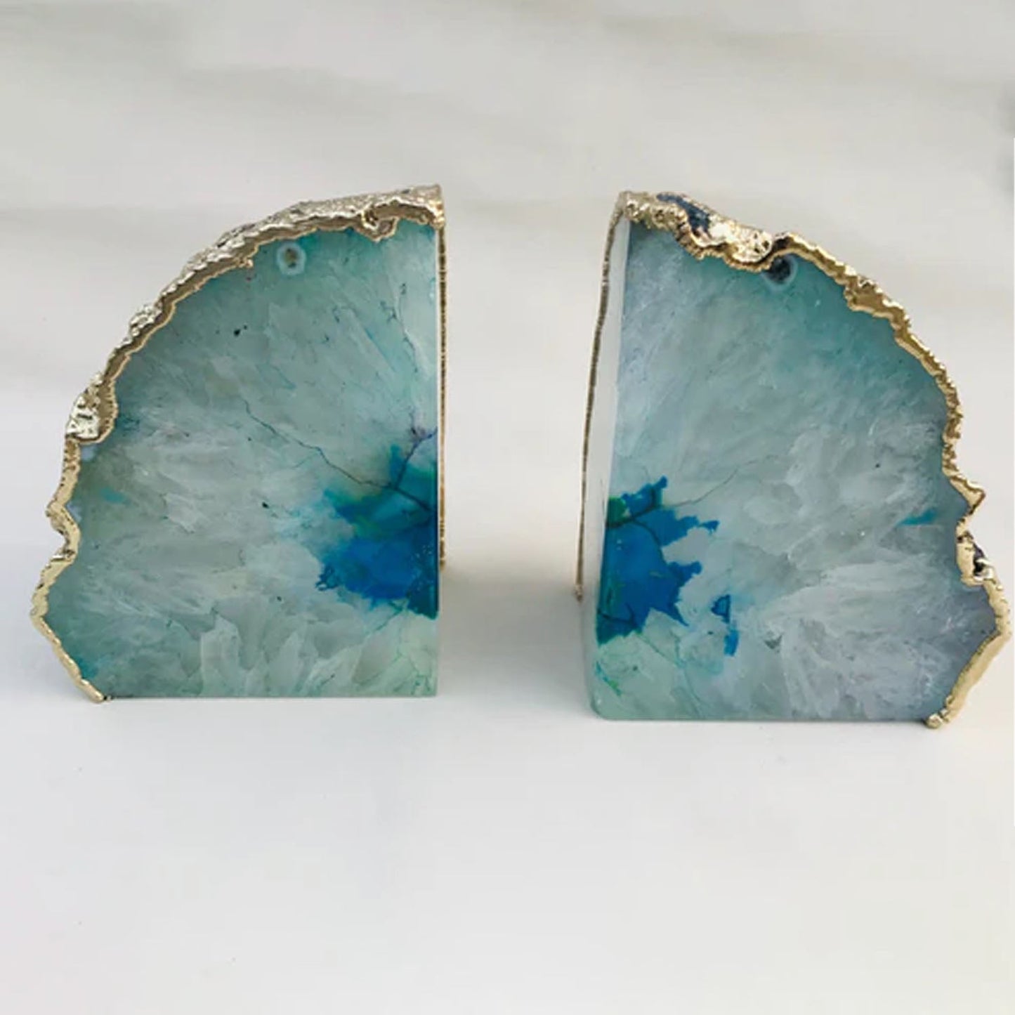 Aqua Agate Bookends - Silver, Gold, or Rose Gold Accent