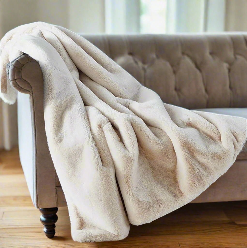 Cassilda Luxury Beige Chinchilla Faux Fur Throw Blanket