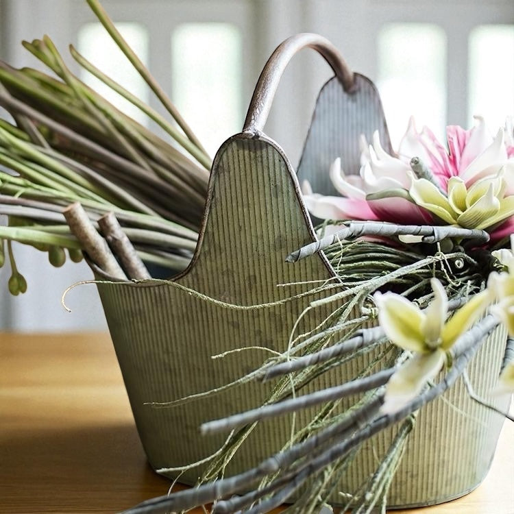 Classic Iron Carry Pot or Flower Bucket - Distressed Green