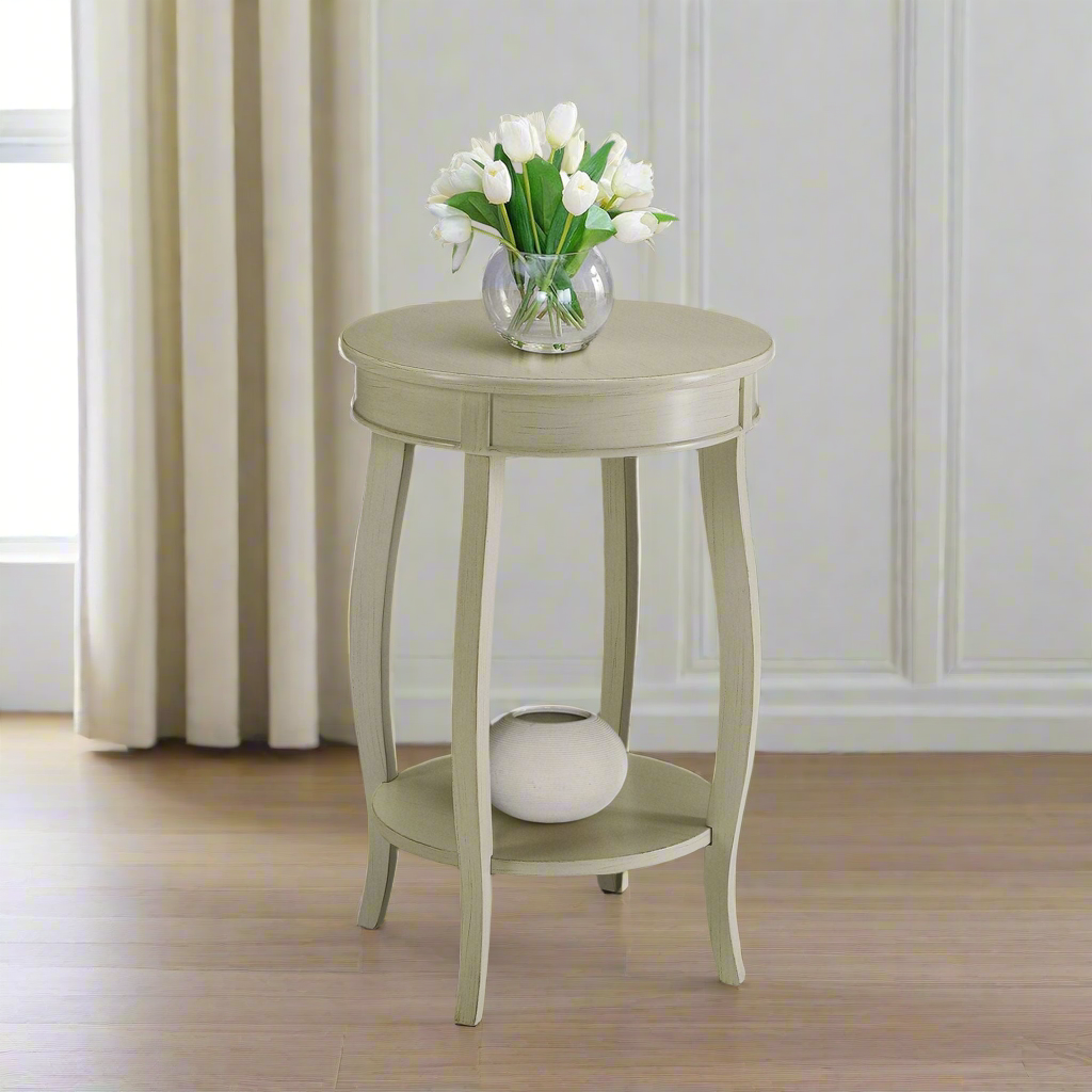Classical Antique White Round Side Table with Bottom Shelf