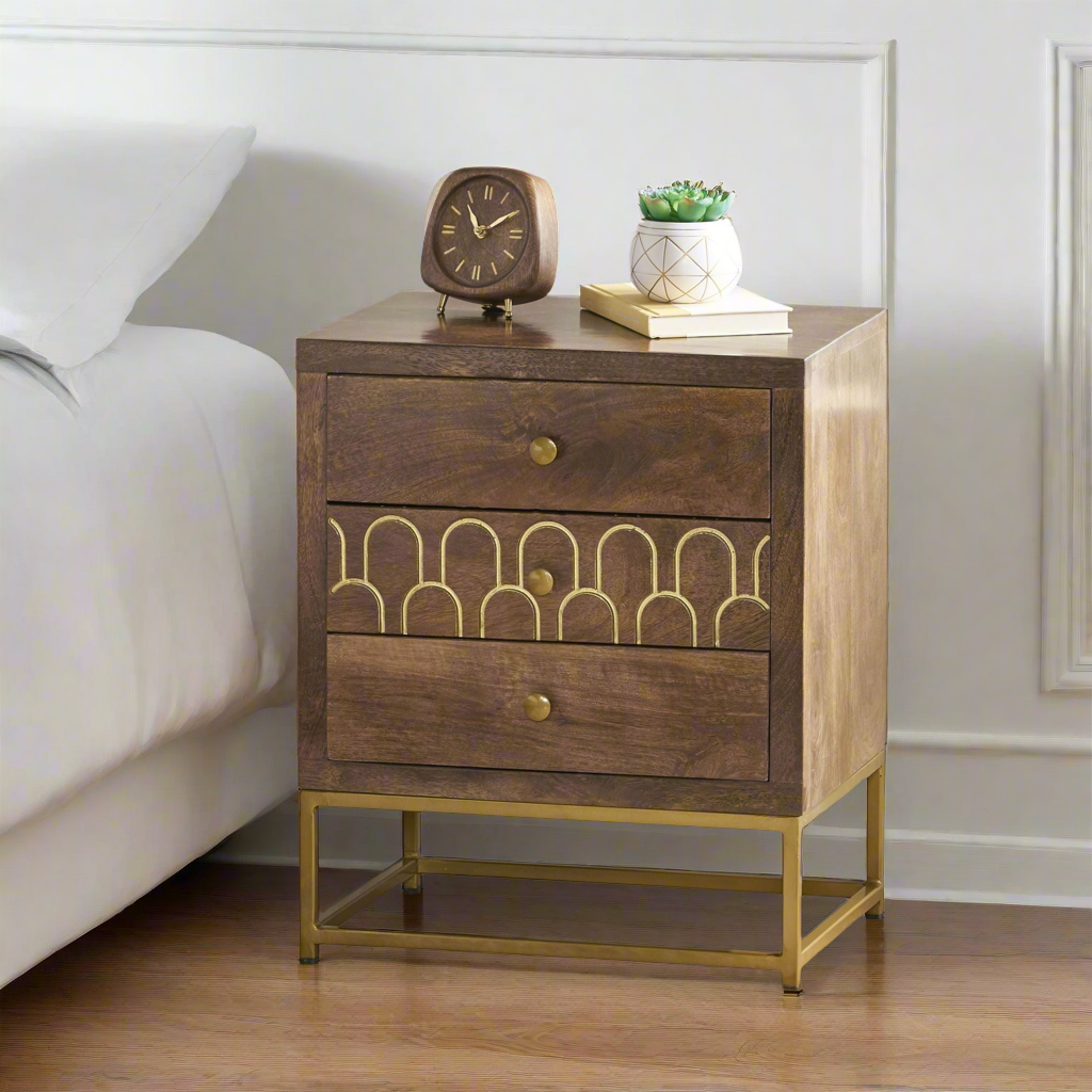 Mango Wood Nightstand with Decorative Gold Accents