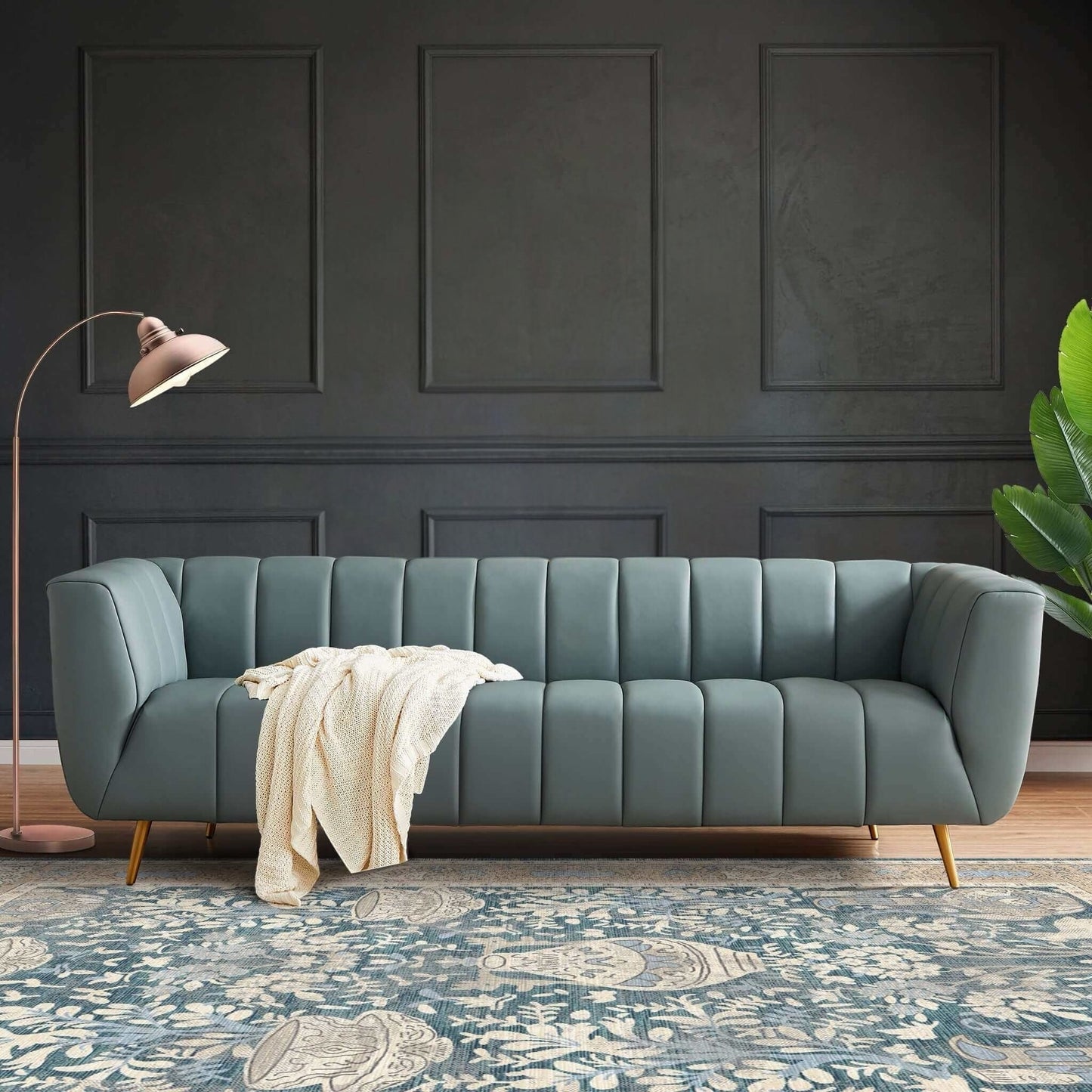 LaMattina Genuine Italian Blue Leather Channel Tufted Sofa