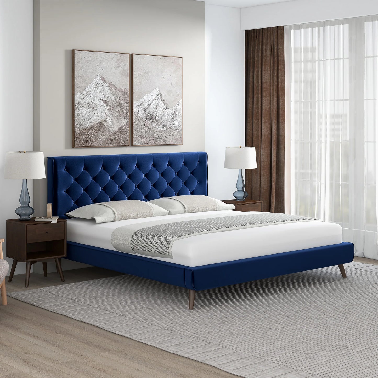 Dillon Blue Velvet Platform Bed - King Size
