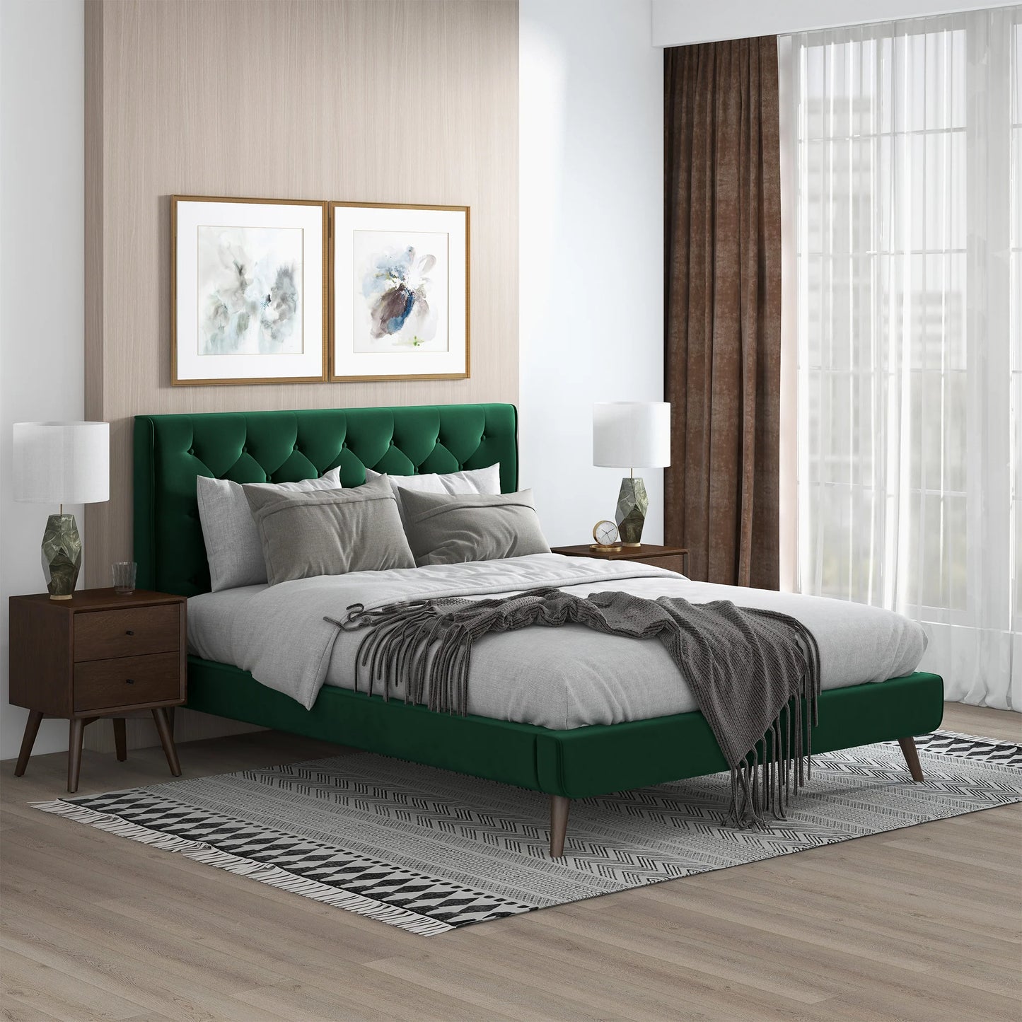 Dillon Dark Green Velvet Platform Bed - Queen Size