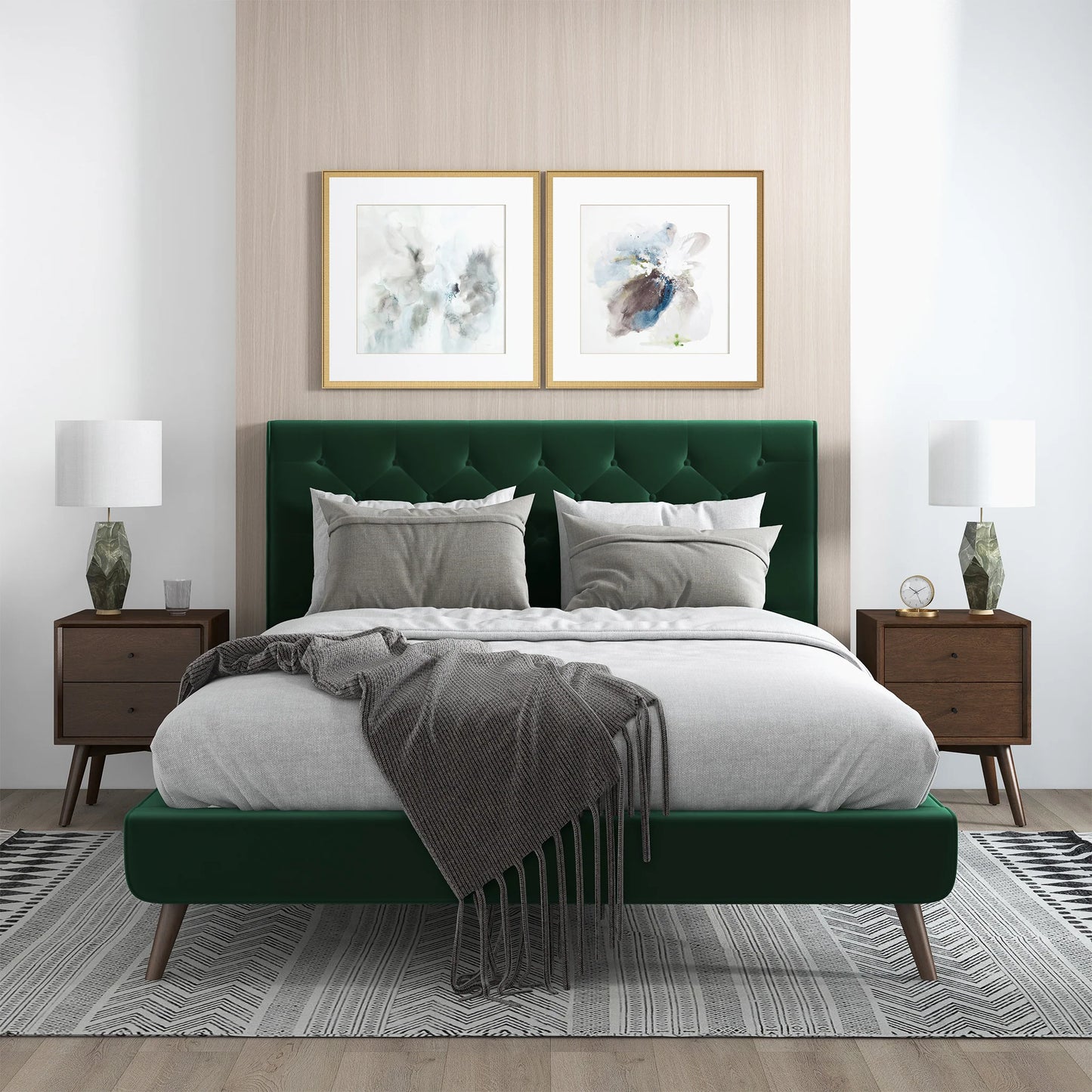 Dillon Dark Green Velvet Platform Bed - Queen Size