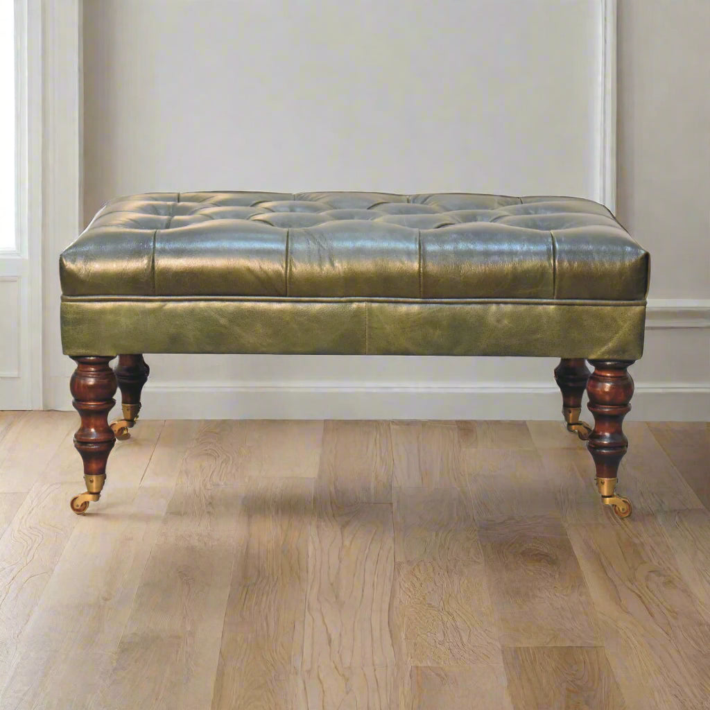 Genuine Leather Ottoman with Castor Legs - Green