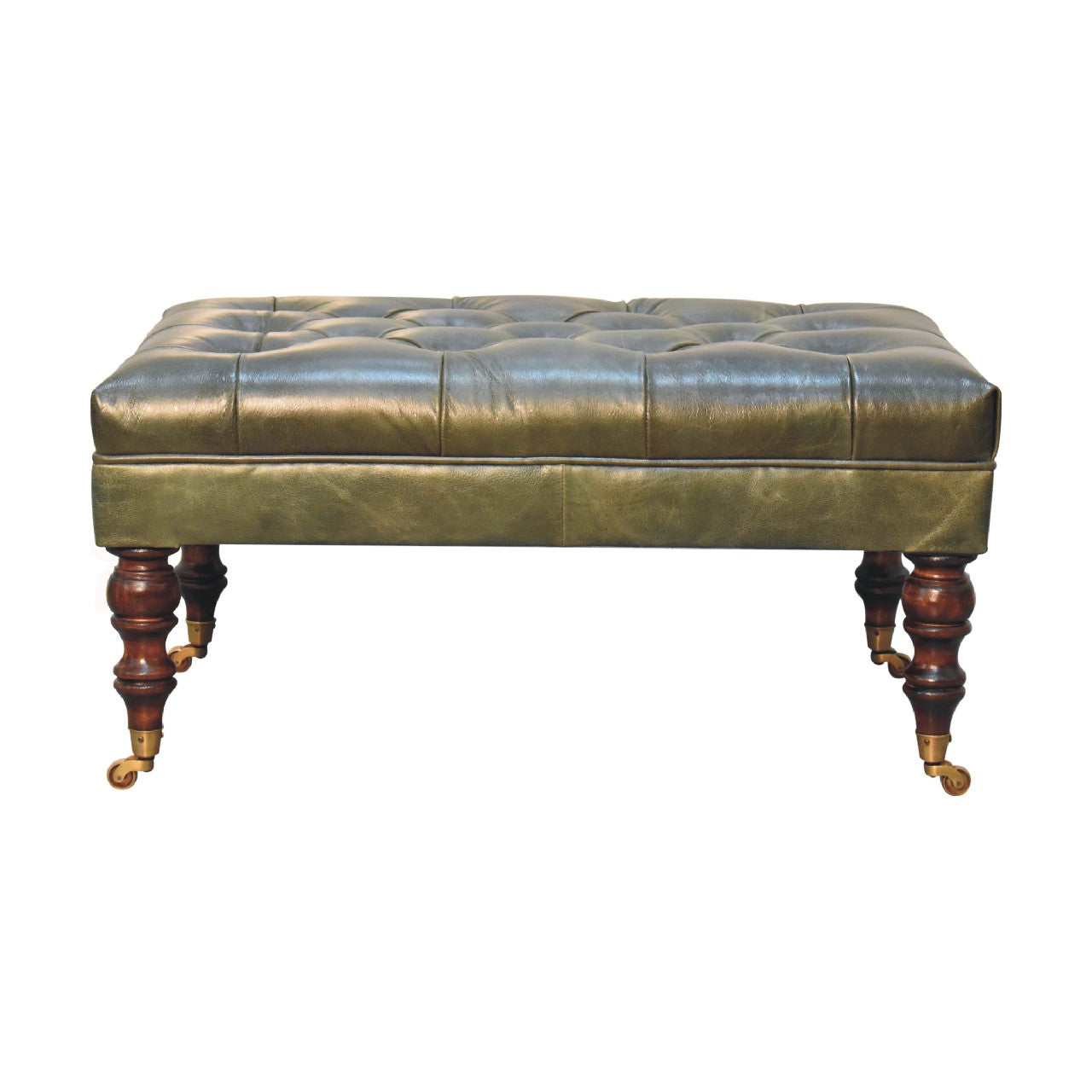 Genuine Leather Ottoman with Castor Legs - Green