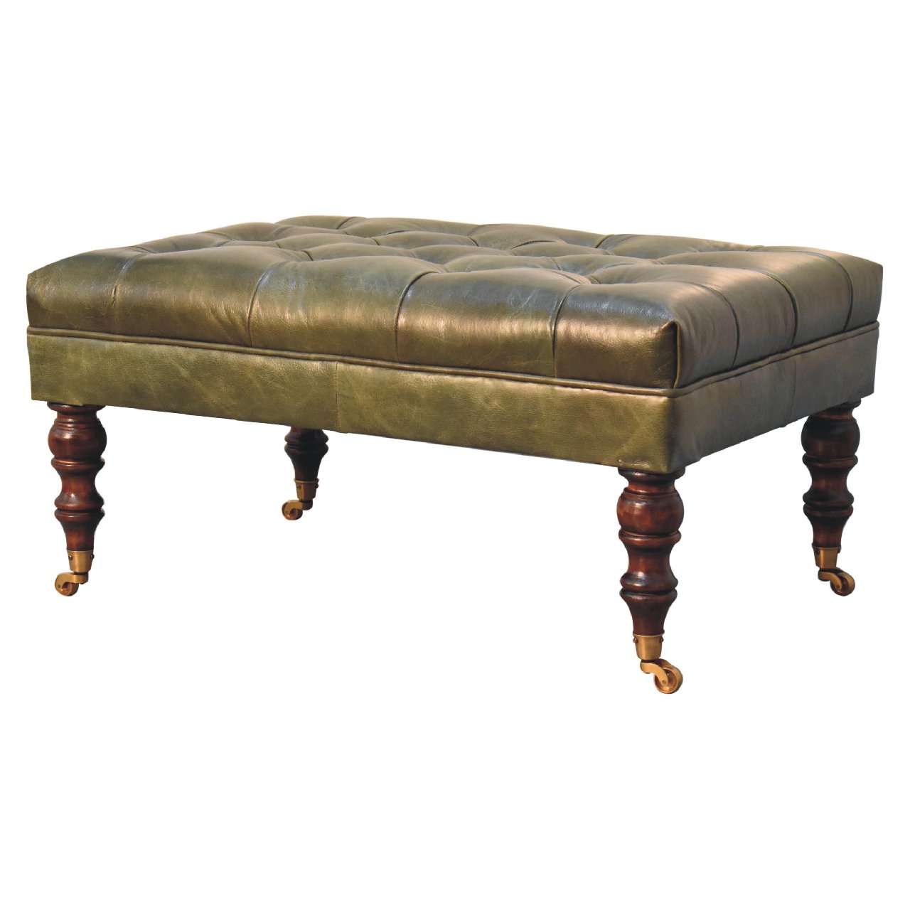Genuine Leather Ottoman with Castor Legs - Green
