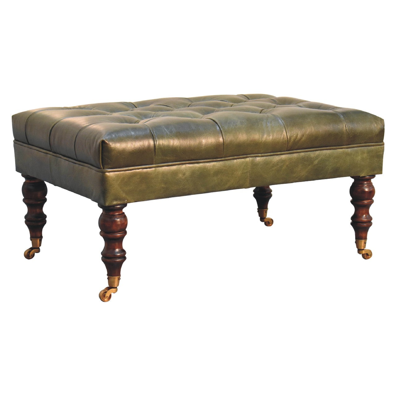 Genuine Leather Ottoman with Castor Legs - Green