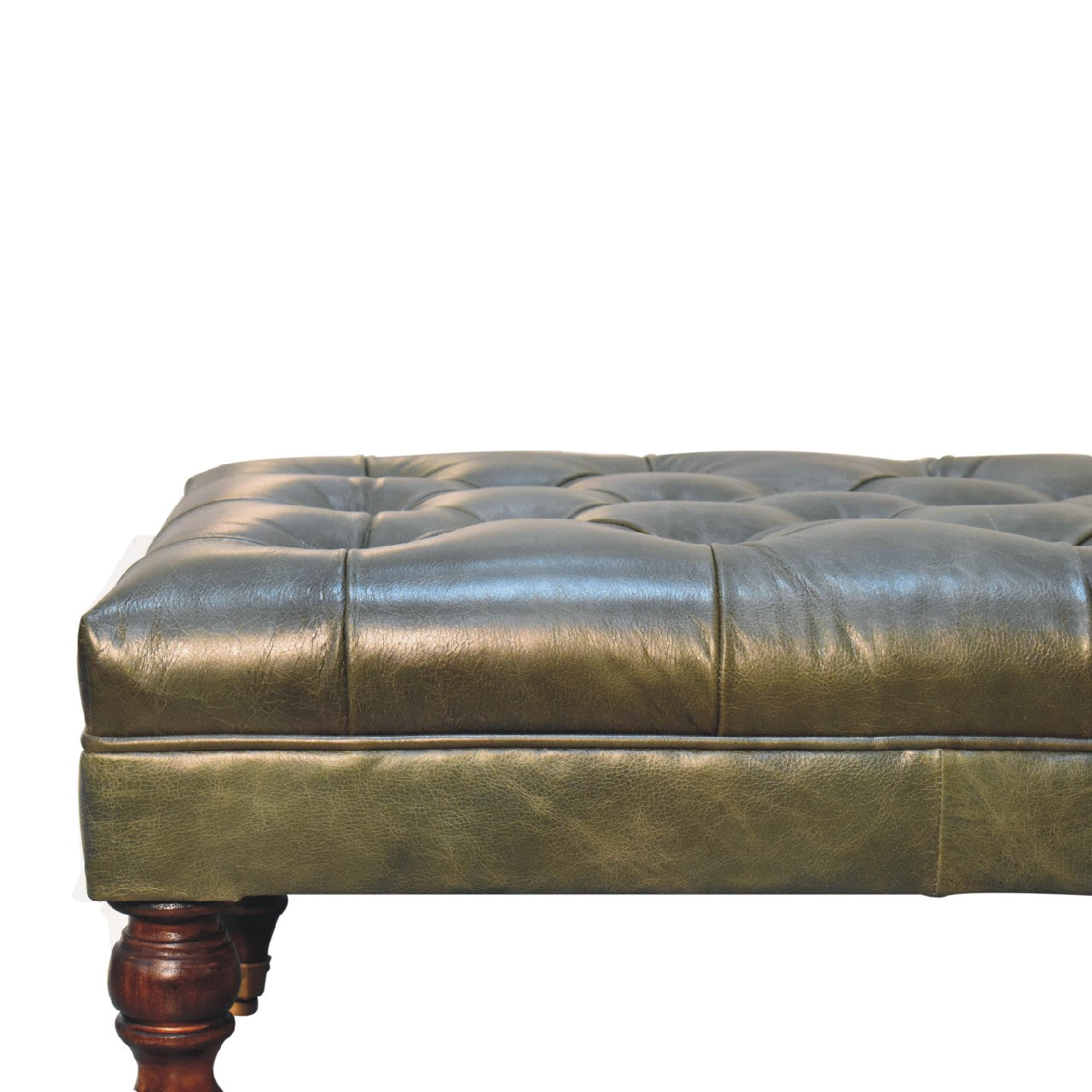 Genuine Leather Ottoman with Castor Legs - Green