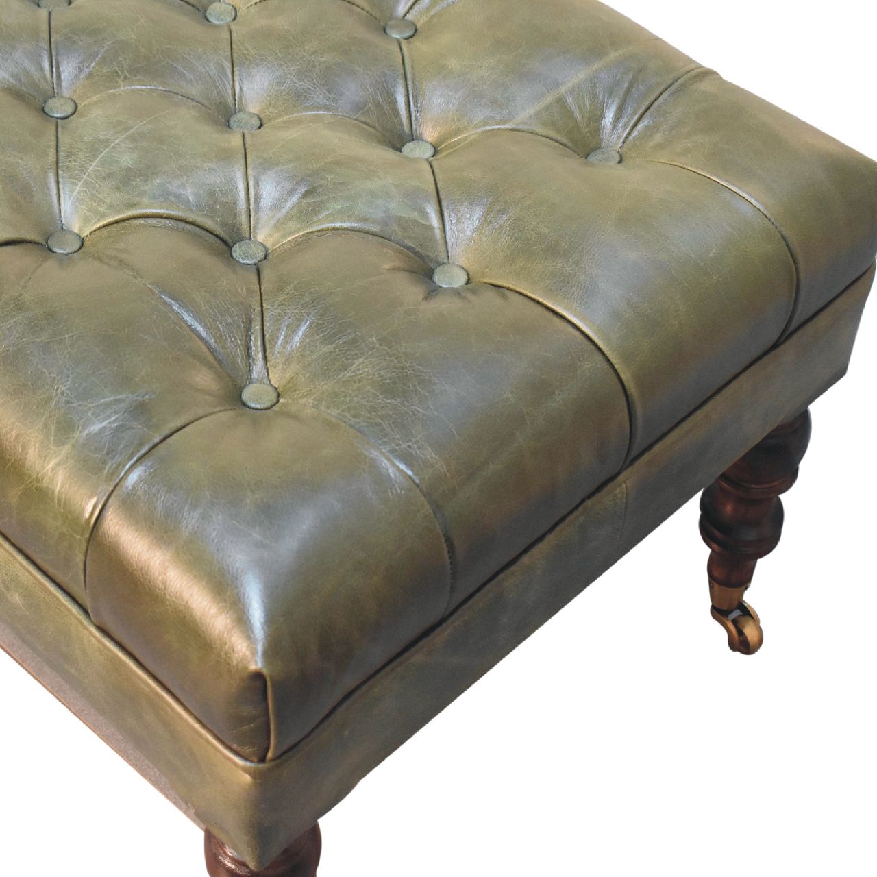 Genuine Leather Ottoman with Castor Legs - Green