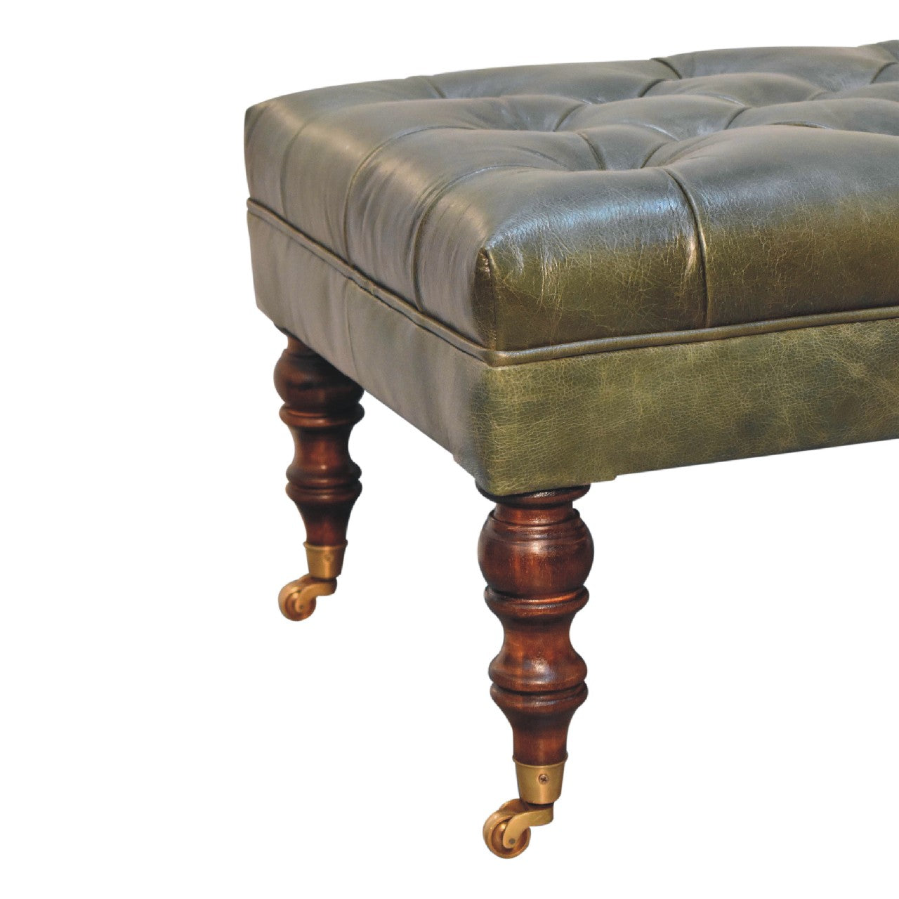 Genuine Leather Ottoman with Castor Legs - Green