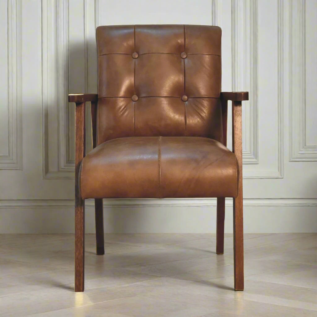Contemporary Genuine Leather & Wood Accent Chair