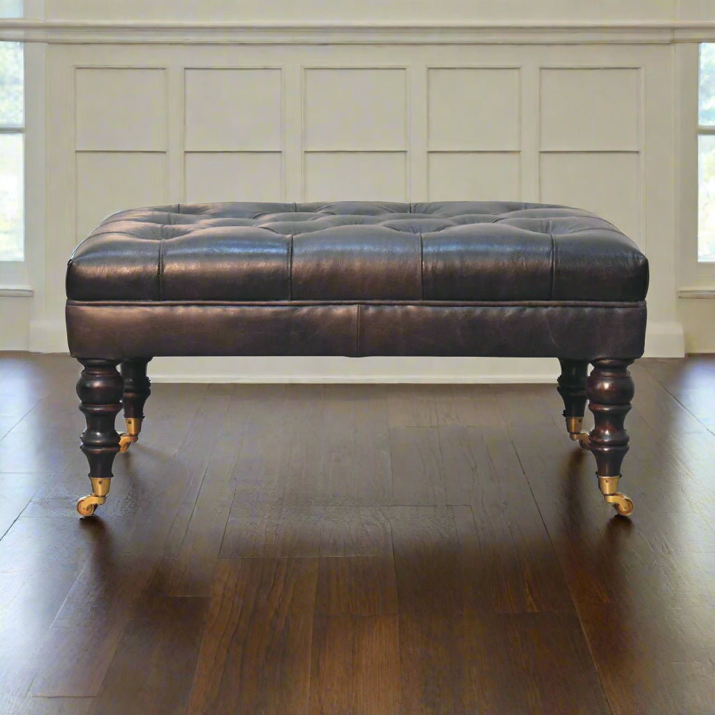 Genuine Leather Ottoman with Castor Legs - Espresso