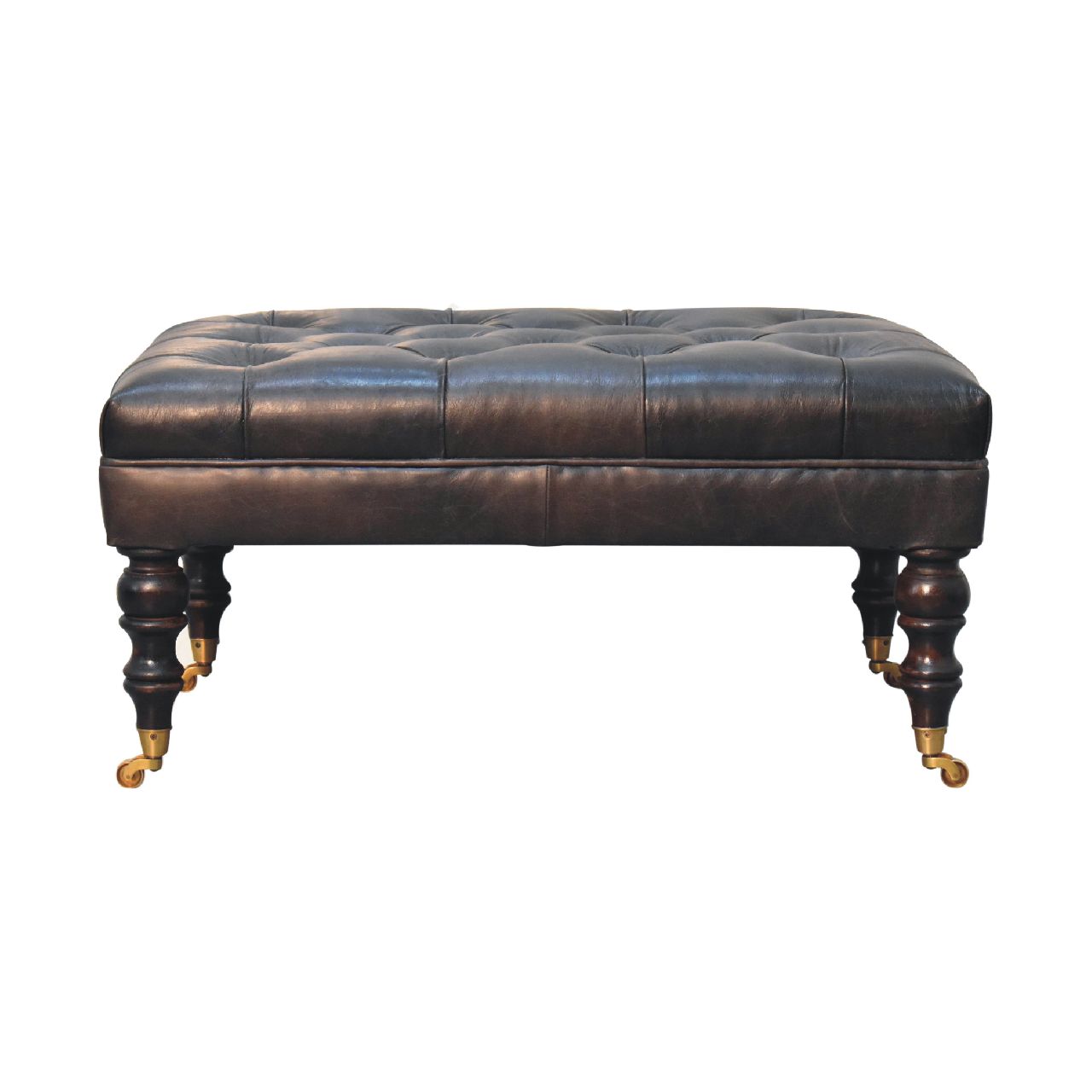 Genuine Leather Ottoman with Castor Legs - Espresso