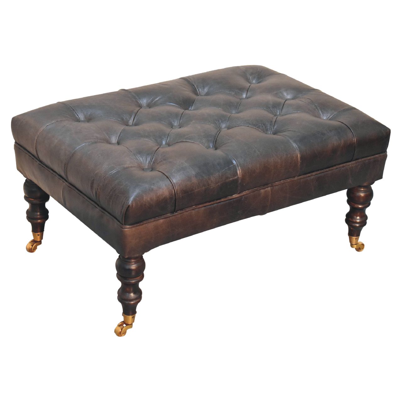 Genuine Leather Ottoman with Castor Legs - Espresso