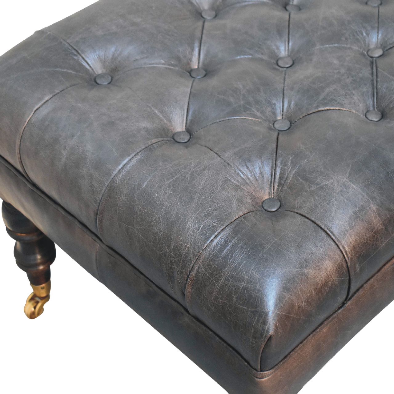 Genuine Leather Ottoman with Castor Legs - Espresso