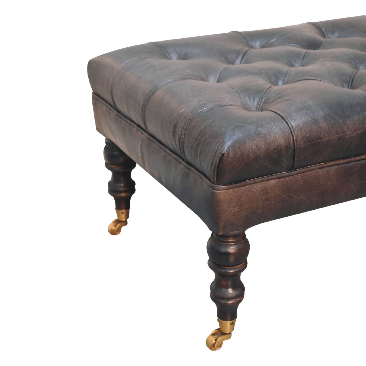 Genuine Leather Ottoman with Castor Legs - Espresso