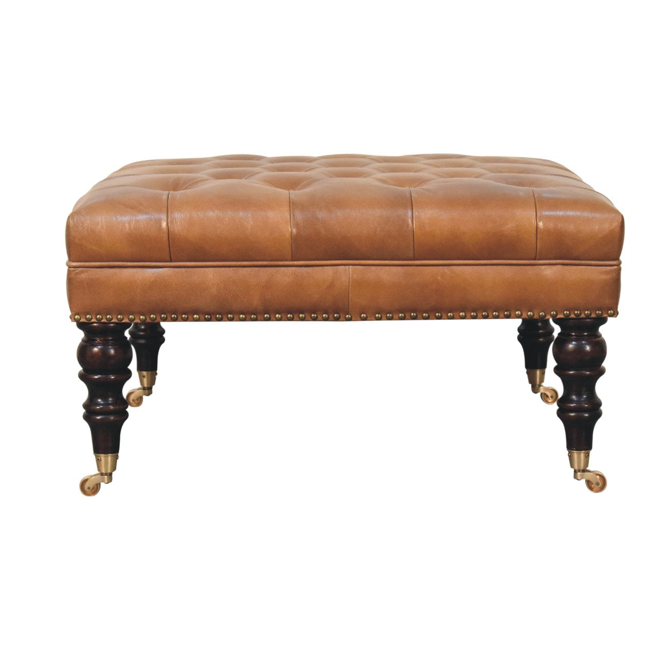Studded Genuine Leather Ottoman with Castor Legs - Tan